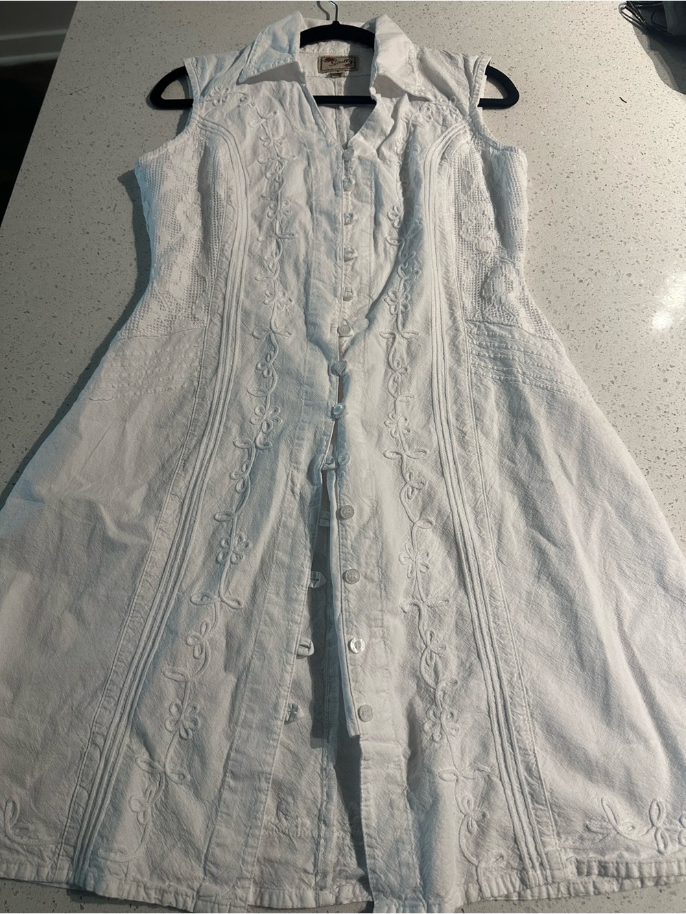 Scully White Embroidered Button-Front Midi  Sleeveless Cotton Collar Dress S